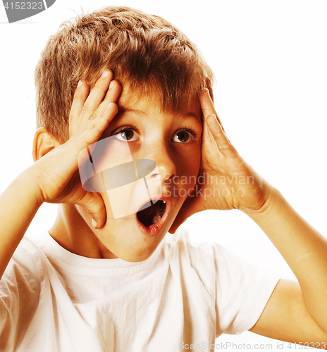 Image of young pretty boy wondering face isolated gesture close up