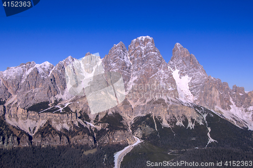 Image of Panoramic view of Dolomites mountains around famous ski resort C