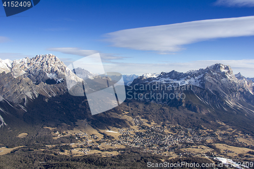 Image of Panoramic view of Dolomites mountains around famous ski resort C