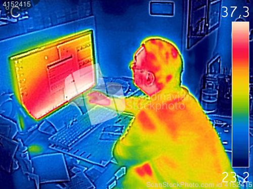 Image of Infrared thermal image showing the heat emission while a man wor