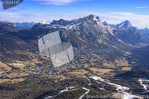 Image of Panoramic view of Dolomites mountains around famous ski resort C