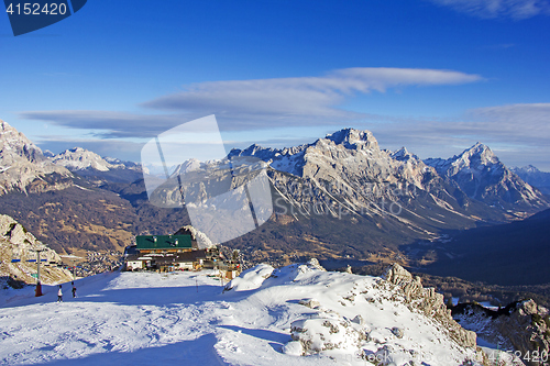 Image of Panoramic view of Dolomites mountains around famous ski resort C