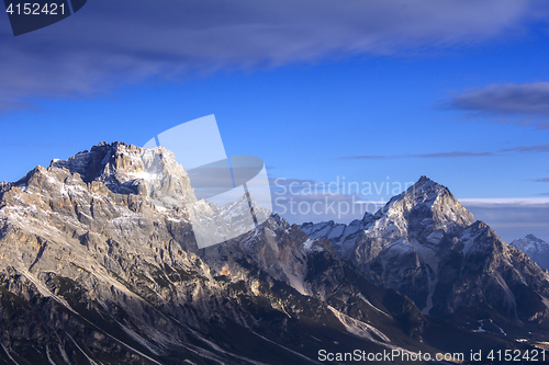 Image of Panoramic view of Dolomites mountains around famous ski resort C