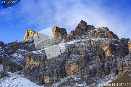 Image of Panoramic view of Dolomites mountains around famous ski resort C