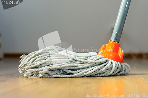 Image of wet mop on wooden floor