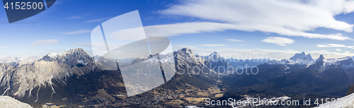 Image of Panoramic view of Dolomites mountains around famous ski resort C