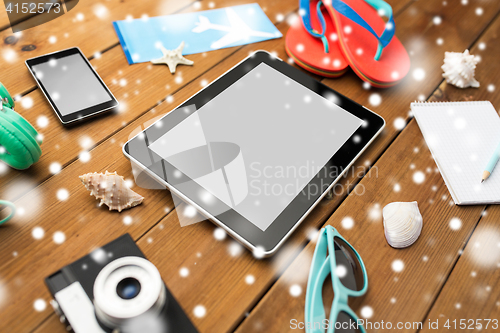 Image of close up of tablet pc and travel stuff