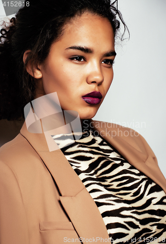 Image of beauty young afro woman in zebra print sweater close up, sexy winter look, fashion make up