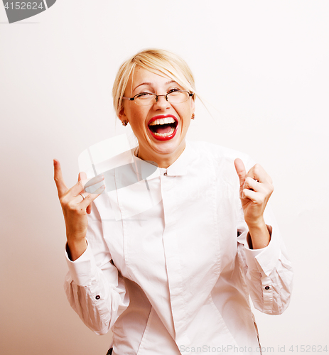 Image of very emotional businesswoman in glasses, blond hair on white background