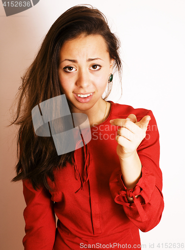 Image of young pretty brunette woman happy smiling isolated on white background, lifestyle people concept