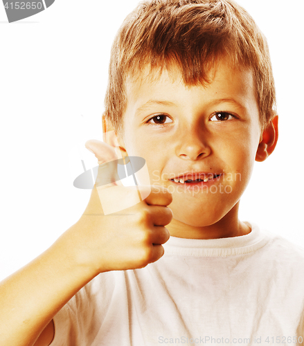 Image of young little boy isolated thumbs up on white gesturing