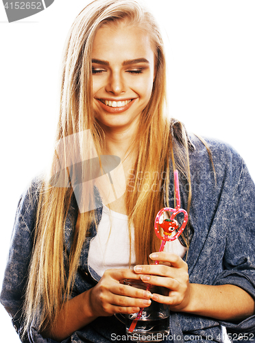 Image of young blond woman on white backgroung gesture thumbs up, isolate