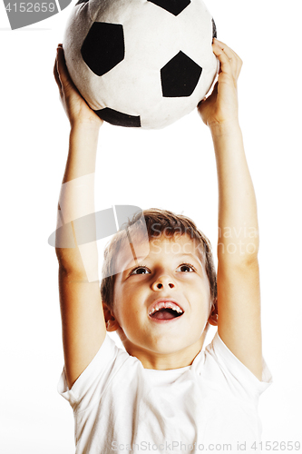 Image of little cute boy playing football ball isolated on white close up