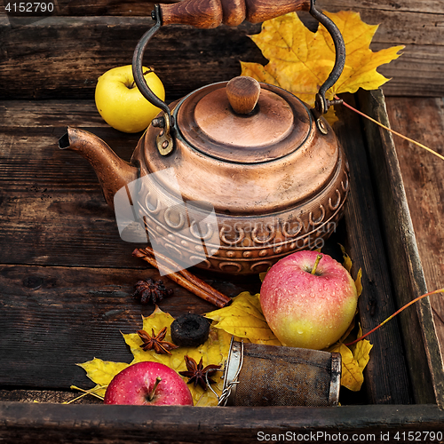 Image of Copper kettle and autumn leaf fall