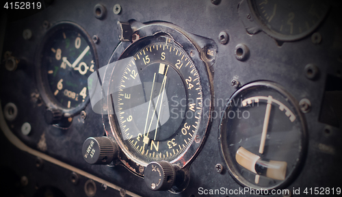 Image of Different meters and displays in an old plane