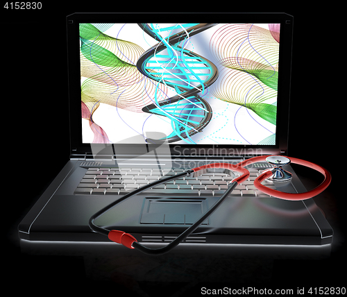 Image of silver laptop diagnosis with stethoscope. 3D illustration