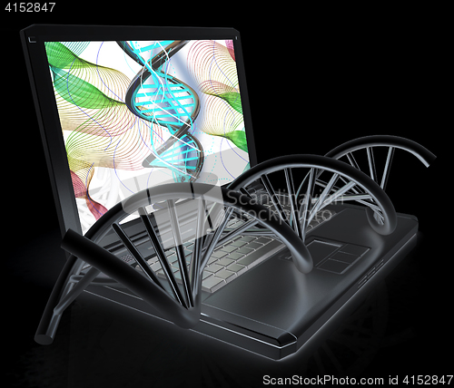 Image of Laptop with dna medical model background on laptop screen. 3d il