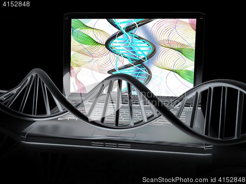 Image of Laptop with dna medical model background on laptop screen. 3d il