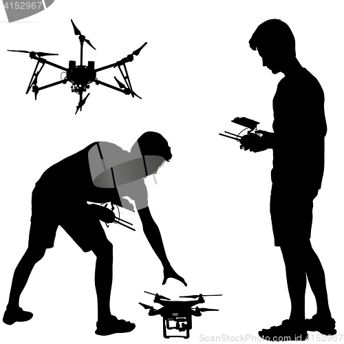 Image of Black silhouette of a man operates unmanned quadcopter illustration