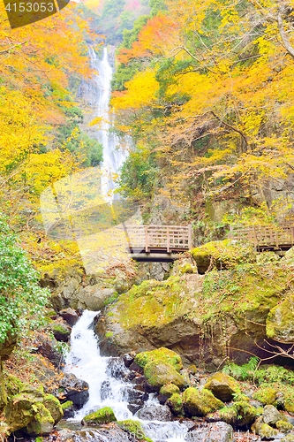 Image of Kanba waterfall and wooden bridge during autumn in Okayama