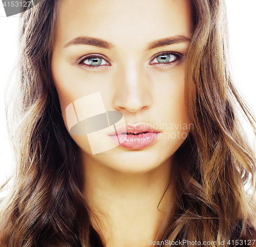 Image of young sweet brunette woman close up isolated on white background