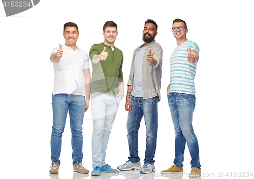 Image of happy smiling men showing thumbs up over white