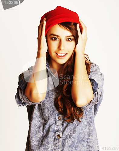 Image of young cheerful brunette teenage girl on white background