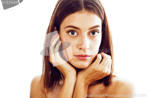 Image of beautiful young brunette woman with vitiligo disease close up isolated on white positive smiling, model problems concept, bad tan problem