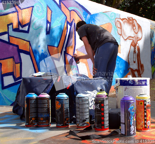 Image of Graffiti artist at work with tools