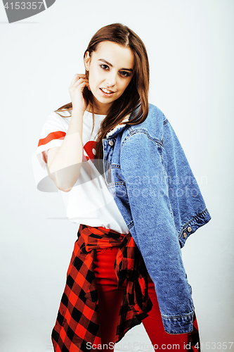 Image of young pretty stylish hipster girl posing emotional isolated on white background happy smiling cool smile, lifestyle people concept