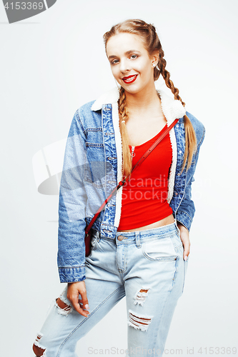 Image of young pretty stylish hipster blond girl with pigtails posing emotional isolated on white background happy smiling cool smile, lifestyle people concept