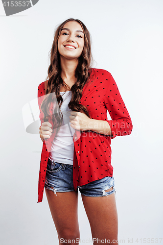 Image of young pretty stylish hipster girl posing emotional isolated on white background happy smiling cool smile, lifestyle people concept