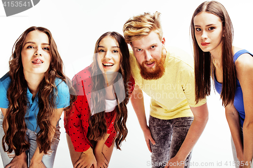 Image of company of hipster guys, bearded red hair boy and girls students having fun together friends, diverse fashion style, lifestyle people concept isolated on white background