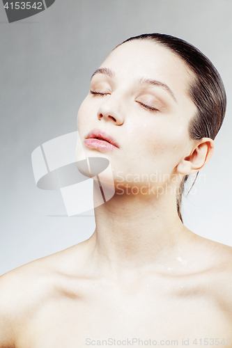 Image of young sweet brunette woman close up isolated on white background, perfect pure innocense freshness face, spa healthcare people concept