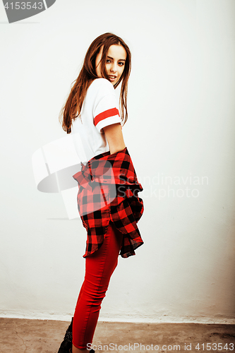 Image of young pretty stylish hipster girl posing emotional isolated on white background happy smiling cool smile, lifestyle people concept