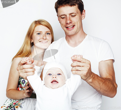 Image of young cute happy modern family, mother father son isolated on wh