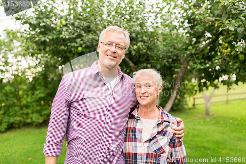 Image of happy senior couple hugging at summer garden