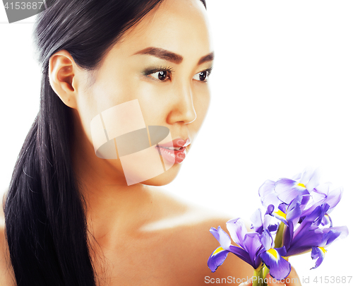 Image of young pretty asian woman with flower purple orchid close up isolated on white background spa, healthcare concept