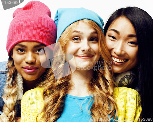 Image of diverse nation girls group, teenage friends company cheerful having fun, happy smiling, cute posing isolated on white background, lifestyle people concept