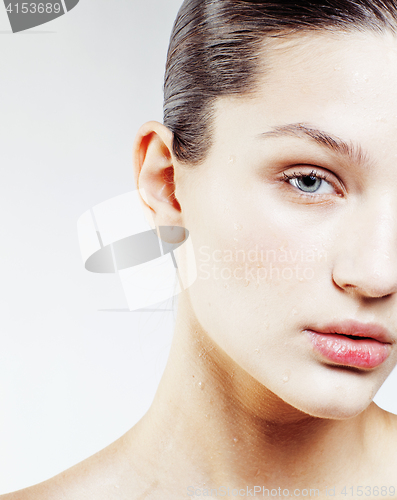 Image of young sweet brunette woman close up isolated on white background, perfect pure innocense freshness face, spa healthcare people concept