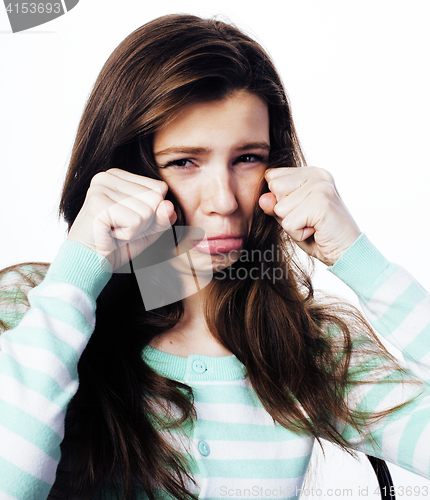 Image of Teenage Girl Looking Worried isolated on white background, lifestyle people