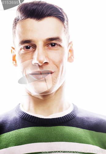 Image of Portrait of a smart serious young man standing against white background. Emotional concept for gesture