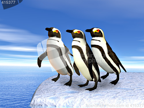 Image of Three penguins standin on ice