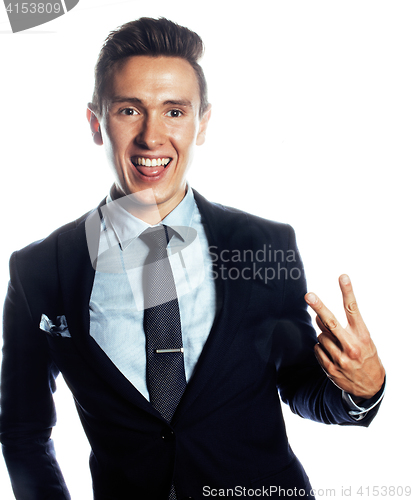 Image of young pretty business man standing on white background, modern hairstyle, posing emotional, lifestyle people concept