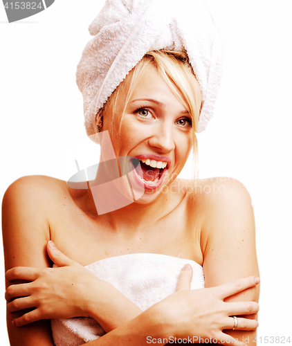 Image of cute blond woman in white towel on her head, after spa or bathroom emotional isolated, lifestyle people concept