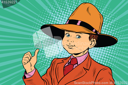 Image of thumb up boy in a big hat