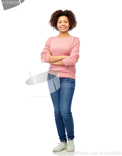 Image of happy african american young woman over white