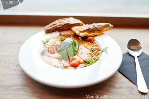 Image of plate of delicious gazpacho soup at restaurant