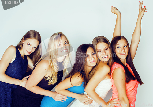 Image of many girlfriends hugging celebration on white background, smiling talking chat, girl next door close up wondering sweety group