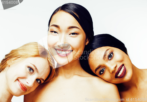 Image of three different nation woman: asian, african-american, caucasian together isolated on white background happy smiling, diverse type on skin, lifestyle people concept